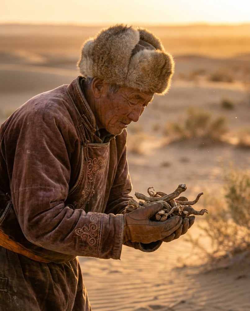 A Mongolian elder in the desert at dawn, cradling dried cistanche root in his hands.