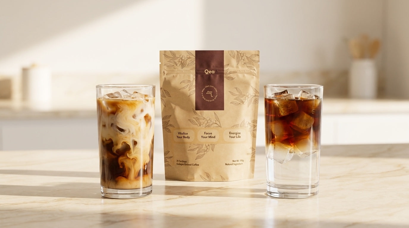 Qea served two ways — an iced latte and an iced americano — beside the pouch.