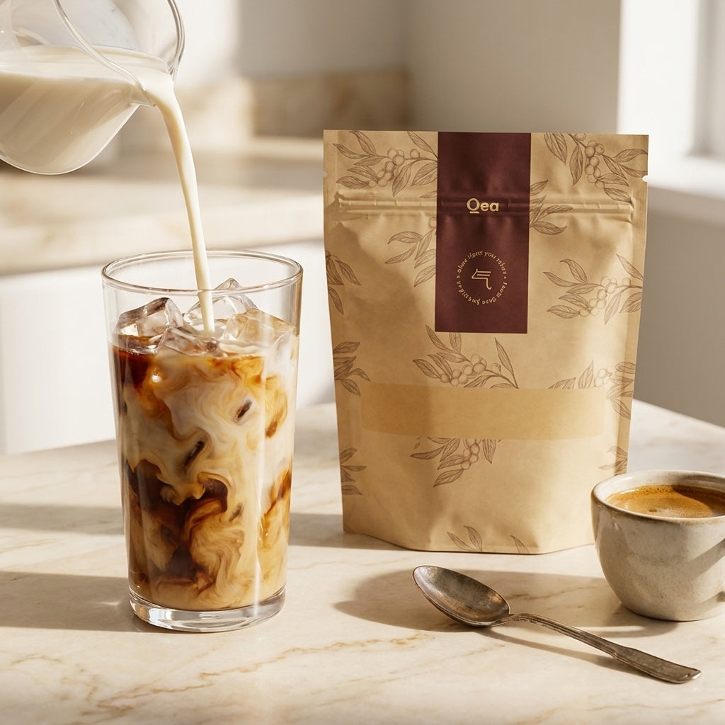 A warm mug of Qea coffee held in both hands.