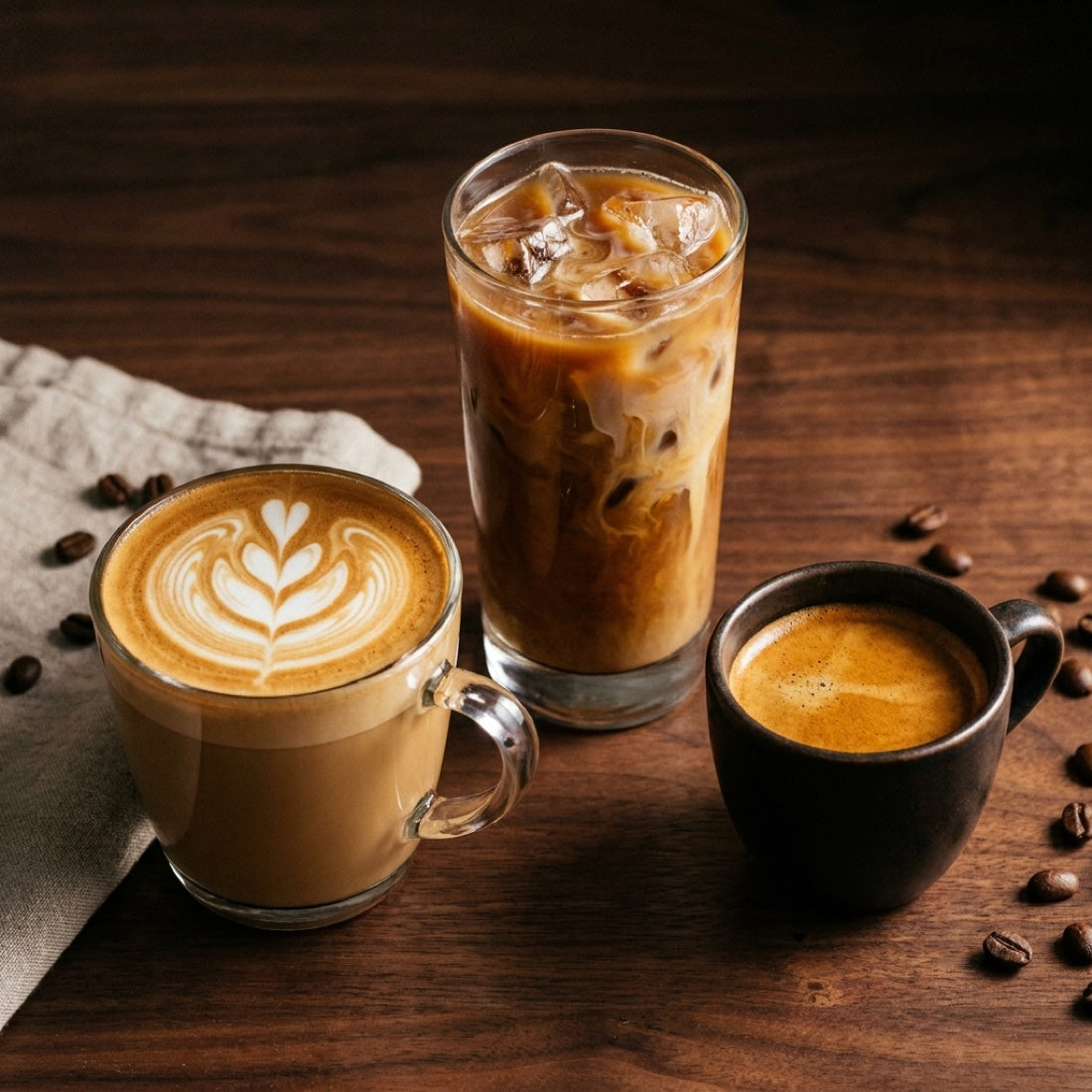 Qea served as a latte, an iced coffee and a black coffee.